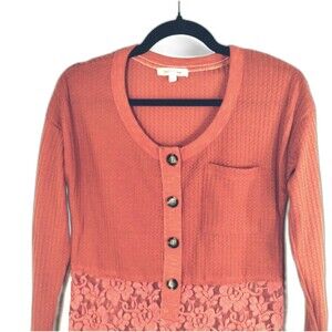 Thermal Top Size S Long Sleeve Henley  Lace Rib Knit Pinky Rust Cottage Y2K Retr